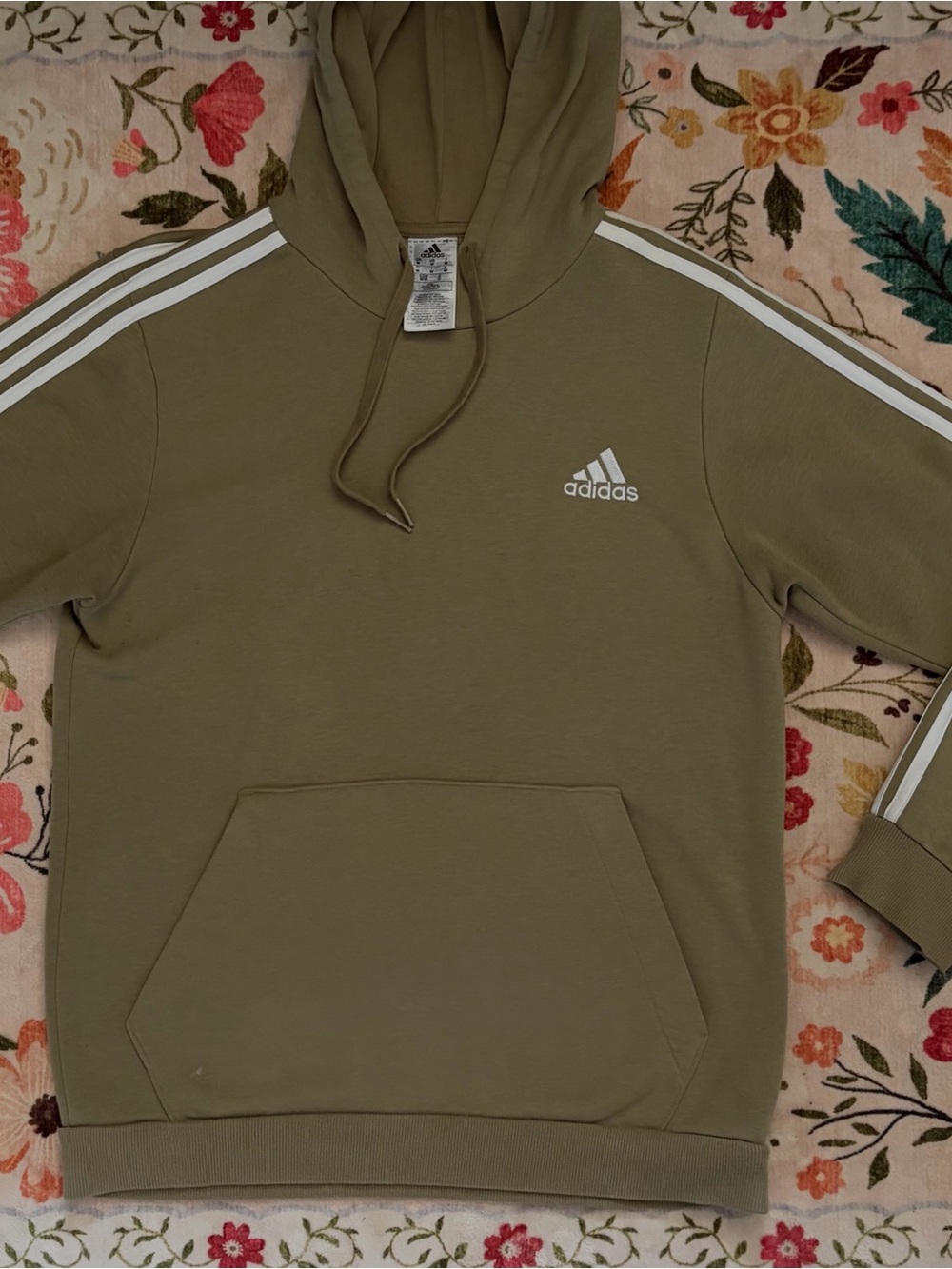 adidas Olive Green Pullover Hoodie with White 3-Stripes